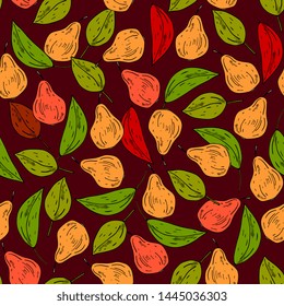 pears seamless pattern. Vector drawing. Summer sketch fruit background. abstract hand drawn vegetarian food. Great for packaging design, tea or juice label, print, textile, wrapping, wallpapers,