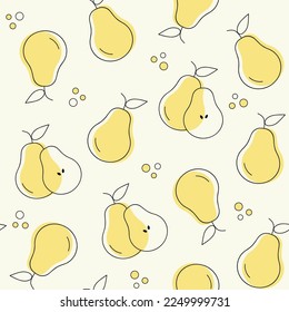 Pears seamless pattern. Vector one line doodle fruits print. Vegan healthy food pattern for nutritionist. Kitchen or restaurant design for fabrics and paper.