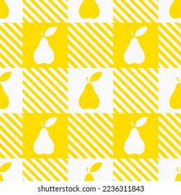 Pears seamless pattern. White and yellow vector silhouettes on lumberjack plaid background. Best for textile, wallpapers, home decoration, wrapping paper, package and web design.