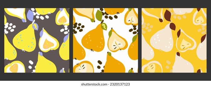 Pears. Set of seamless pear patterns in flat style hand drawn illustration. Fruit pattern. Vector collection for design, print, fabric, wallpaper, paper, etc.