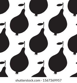 Pears silhouettes isolated on white background seamless pattern. Repeating vector illustration for wallpaper, textile, backdrop. Hand drawn clipart.