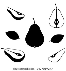 Pears silhouettes parts collection. Whole, half and slices of pear set. Vector illustration isolated on white background.