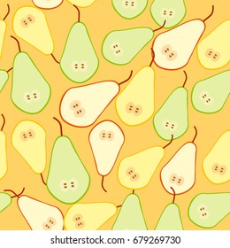 Pears simple seamless pattern yellow green slice fruit on orange background. Vector illustration