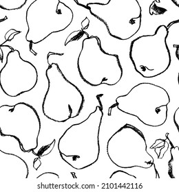 Pears in sketch freehand style seamless pattern. Hand drawn doodle pears. Vector ink illustration, charcoal drawing. Black linear fruits in grunge style. Fruit abstract background. 