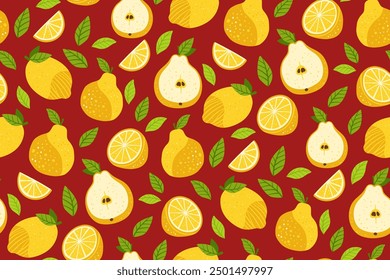 Pears and sliced lemon seamless pattern. Hand drawn citrus, pears and half of pears fruit boundless background. Fruits endless design for paper print fabric textile, wrapper, backdrop vector template