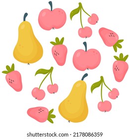 Poires, fraises, cerises et jeux de pommes