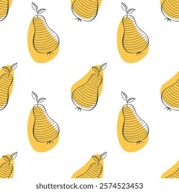 Pears in summer orchard pattern, hand drawn doodle drawing of stylized yellow pears, harvest, ripe summer juicy fruits. Orchard. Vector illustration