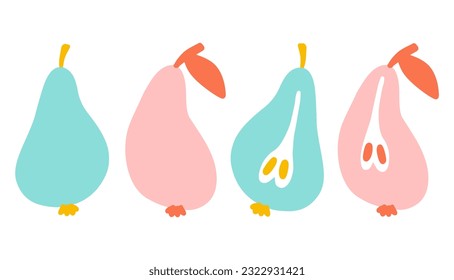 Pears vector illustration. Whole pear and half pear. Cross section of cut pear and whole fruit. Juicy pears. Vector fruit illustration. Pears in scandinavian style.