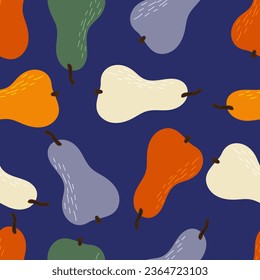 Pears vector seamless pattern. Cute colorful background texture for kitchen wallpaper, textile, fabric, paper. Flat fruits background. Vegan, farm, natural food illustration. Doodle style