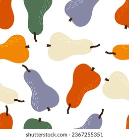 Pears vector seamless pattern. Cute colorful background texture for kitchen wallpaper, textile, fabric, paper. Flat fruits background. Vegan, farm, natural food illustration. Doodle style