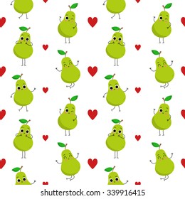 Pears, vector seamless pattern with cute fruit characters and hearts isolated on white