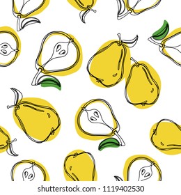 Pears vector seamless pattern. Fruit pattern. Half of pear and whole pear