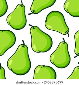 Pears vector seamless pattern. Green fruits with black outline on white background.