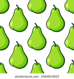 Pears vector seamless pattern. Green fruits with black outline on white background.