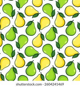 Pears vector seamless pattern. Green and yellow fruits with leaves on white background.