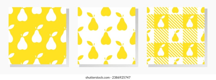 Pears vector seamless patterns collection in yellow and white colors. Best for textile, wallpapers, home decoration, wrapping paper, package and web design.
