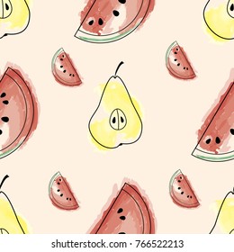 Pears and watermelons drawn and painted with a brush imitating watercolor. Seamless pattern.