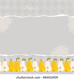 pears whole and bottom border food raw healthy fruit autumn seasonal seamless pattern on light retro style background with torn blank piece of paper horizontal place for your text