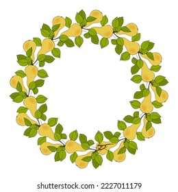 Pears Wreath circle of twigs with fruits, hand drawn doodle, round frame with branches, leaves and fruits. Isolated, white background