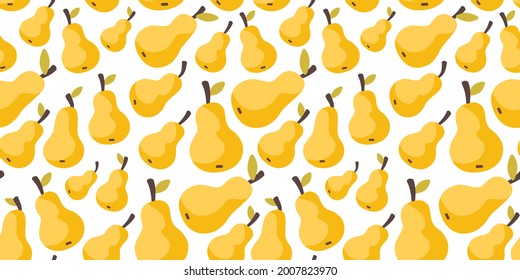 Pears yellow. Fruit seamless pattern of pears with green foliage. Vector illustration on a white background.