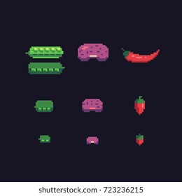 peas, beans and peppers pixel art icons set, vector illustration.