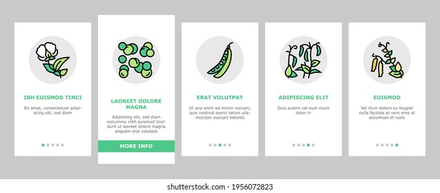 Peas Beans Vegetable Onboarding Mobile App Page Screen Vector. Peas Agricultural Plant And Flower, Boiling And Preserve, Bag And Container Packages Illustrations