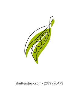Peas black contour drawing with abstract color spot. Veggie line art style minimalist silhouette. Continuous vegetable concept design. Hand drawn one line flat vector illustration isolated on white