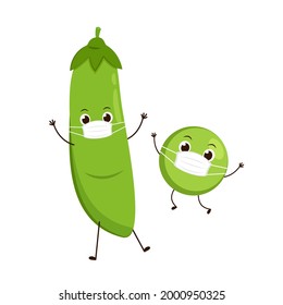 Peas character design. Peas on white background. Peas cartoon wearing a mask.