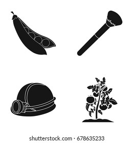 Peas, a cosmetic brush and other web icon in black style. a miner's helmet, a tomato icons in set collection.