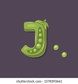 Peas in a form of letter J - vegetable lettering design. Vector illustration.