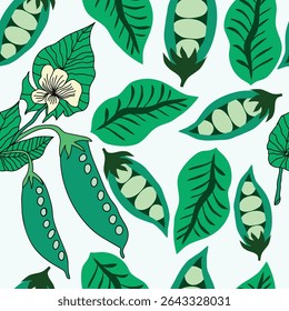 peas inside the pods with green leaves hand drawn seamless pattern. Green peas with green leaves and green peas pods with white flowers on white background seamless pattern.