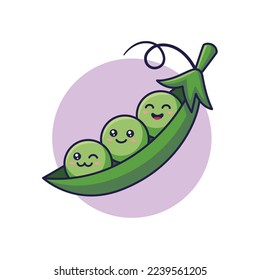 Peas kawaii characters. Cute Kawaii pea pod cartoon icon illustration. Food vegitable flat icon concept isolated on white background. Doodle style print illustration for kids clothing.