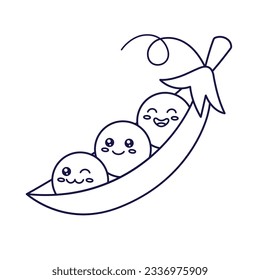 Peas kawaii characters. Cute Kawaii pea pod cartoon kids illustration. Food vegetable outline illustration. Peas are in Doodle style. Kids coloring book