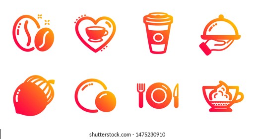 Peas, Love coffee and Food line icons set. Acorn, Takeaway coffee and Restaurant food signs. Espresso cream symbol. Vegetarian seed, Cappuccino mug. Food and drink set. Gradient peas icons set. Vector