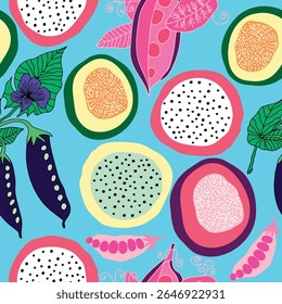 pois, pitaya, coloré exotique fruits tropicaux motif harmonieux. thème de jardin de légumes exotiques dessiné à la main motif harmonieux. Il est bon pour le textile, le tissu, la décoration et plus encore.