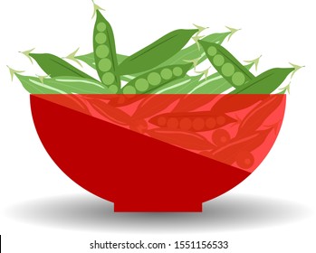 Peas pods in a red transparent bowl. Vector graphic illustration with shadow.