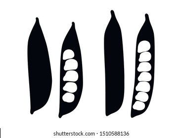 Peas silhouette. Black silhouette of green peas. Pods of green peas. Fresh food.