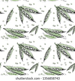 Peas, sketch pattern. Seamless pattern, hand drawn green pea pods. Vector pattern on a transparent background.