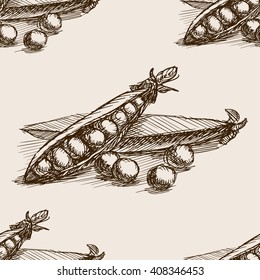 Peas sketch style seamless pattern vector illustration. Old engraving imitation. Peas hand drawn sketch imitation