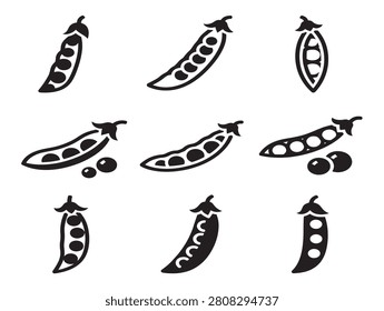 Peas solid black silhouette icon set showing various pod shapes and styles
