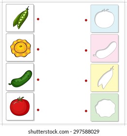 Peas, squash, cucumber and tomato. Educational game for kids. Choose the correct silhouettes on the opposite side and connect the points