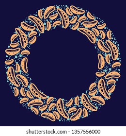 Peas vector circle pattern. Funny doodle healthy food on a dark background.