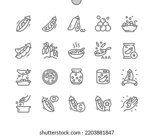 Peas vegetable. Food shop, supermarket. Frozen peas. Menu for cafe. Pixel Perfect Vector Thin Line Icons. Simple Minimal Pictogram