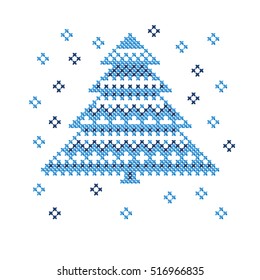 peasant folk rustic motif of christmas tree cross stitch pattern. vector illustration of new year greetings card