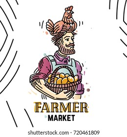 Peasant with hen on his head and basket with eggs. Illustration in linear style on the topic farmer market