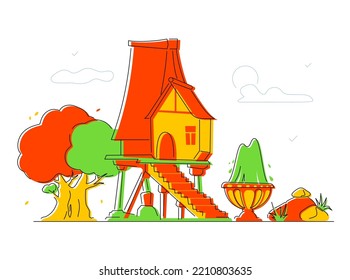 Peasant house on stilts - modern flat design style illustration with line elements. Image of rural hut. Medieval architecture, village, settlement, summer, fountain, solitary life in nature idea