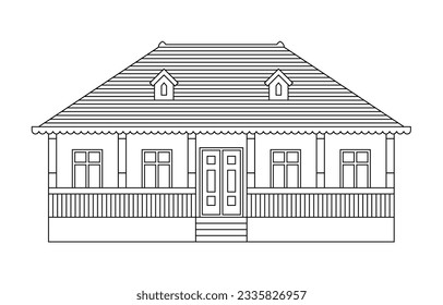 Peasant house simple contour sketch. Traditional farmhouse with wooden roof vector illustration.