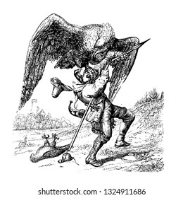 Un campesino, llamado OlaAI's Pa, ataca a ese vampiro mientras lo llevaba con una gran lanza, y deja la lanza en la herida, por lo que el espectro desapareció, ilustración vintage. Diccionario Infernal 1863.