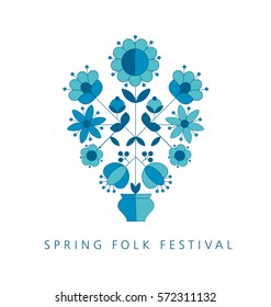 peasant style simple floral pattern on blue color. naive traditional nostalgic flower motif vector illustration for cards, posters.