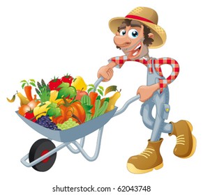 Peasant with wheelbarrow, vegetables and fruits. Cartoon and vector illustration, isolated objects.